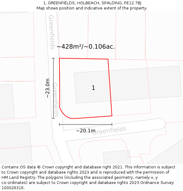 1, GREENFIELDS, HOLBEACH, SPALDING, PE12 7BJ: Plot and title map