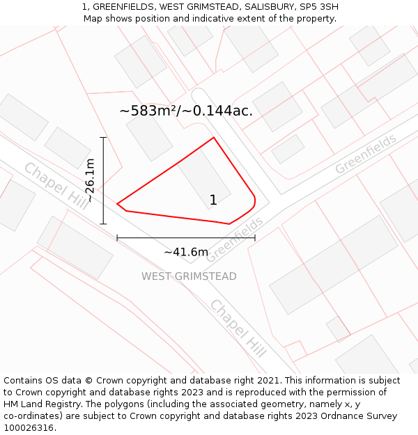 1, GREENFIELDS, WEST GRIMSTEAD, SALISBURY, SP5 3SH: Plot and title map