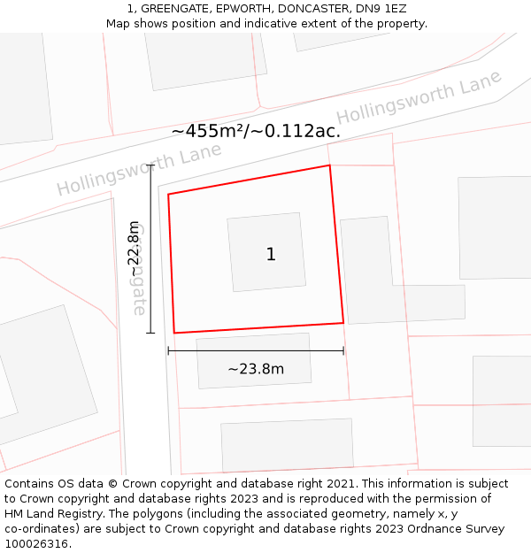 1, GREENGATE, EPWORTH, DONCASTER, DN9 1EZ: Plot and title map