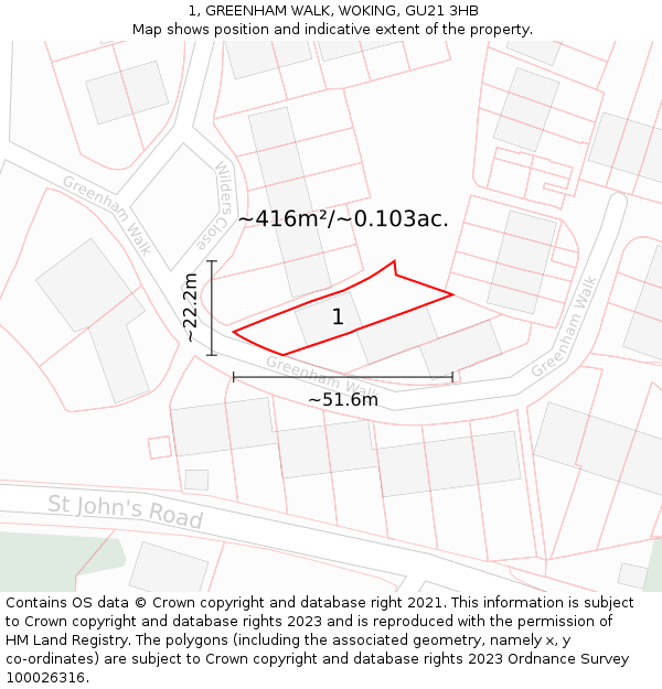 1, GREENHAM WALK, WOKING, GU21 3HB: Plot and title map