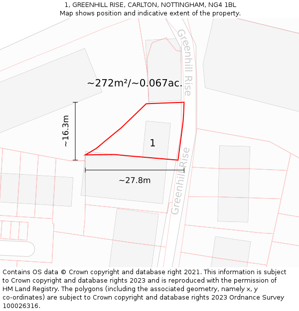 1, GREENHILL RISE, CARLTON, NOTTINGHAM, NG4 1BL: Plot and title map