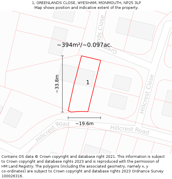 1, GREENLANDS CLOSE, WYESHAM, MONMOUTH, NP25 3LP: Plot and title map