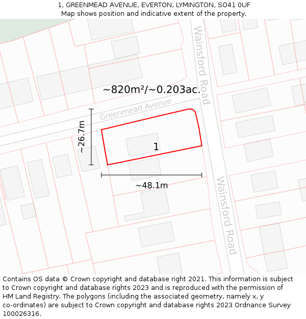 1, GREENMEAD AVENUE, EVERTON, LYMINGTON, SO41 0UF: Plot and title map