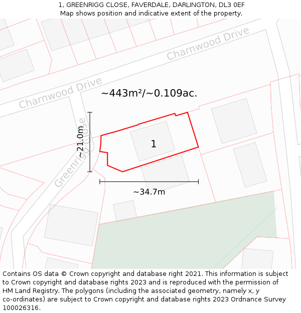 1, GREENRIGG CLOSE, FAVERDALE, DARLINGTON, DL3 0EF: Plot and title map