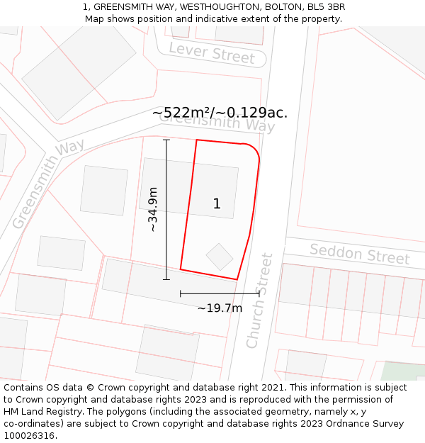 1, GREENSMITH WAY, WESTHOUGHTON, BOLTON, BL5 3BR: Plot and title map