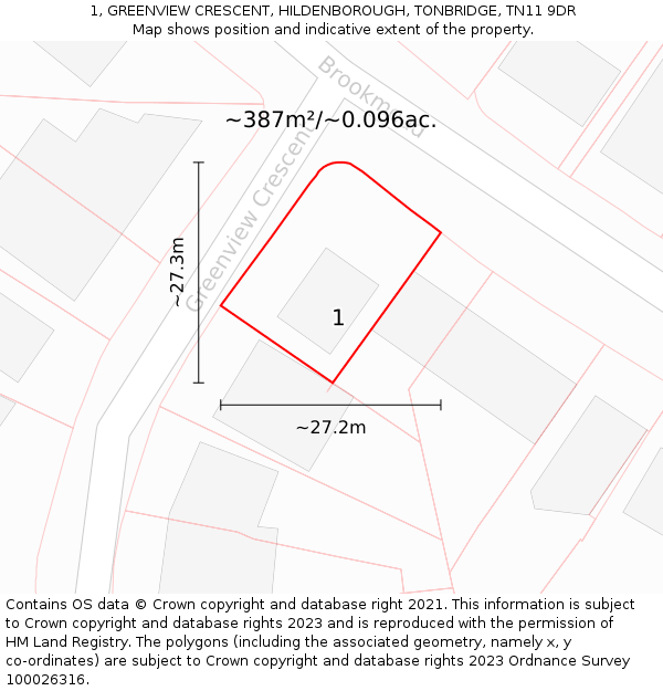 1, GREENVIEW CRESCENT, HILDENBOROUGH, TONBRIDGE, TN11 9DR: Plot and title map