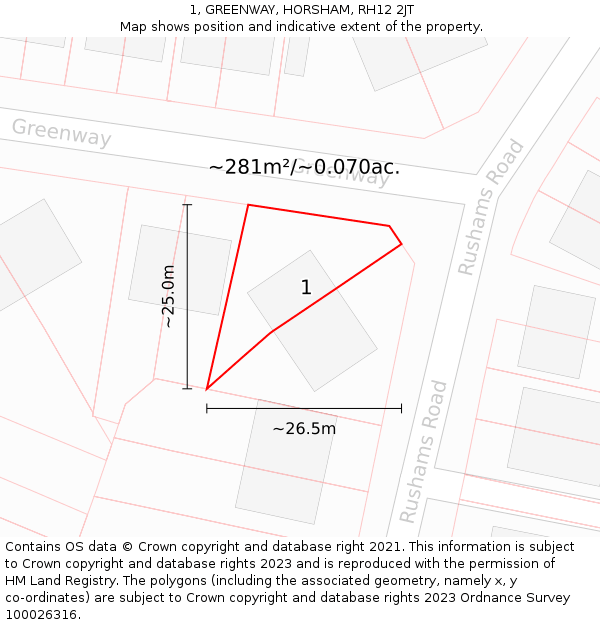 1, GREENWAY, HORSHAM, RH12 2JT: Plot and title map