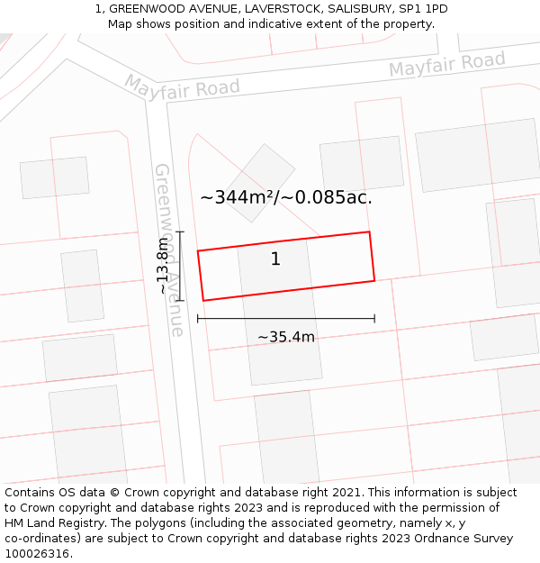1, GREENWOOD AVENUE, LAVERSTOCK, SALISBURY, SP1 1PD: Plot and title map