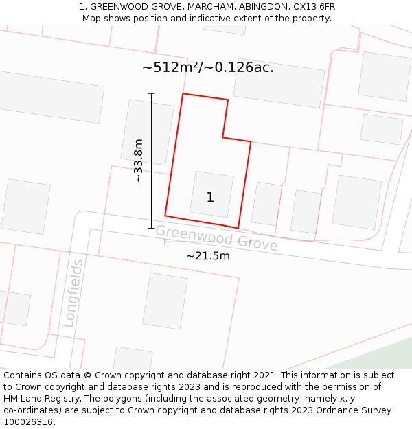 1, GREENWOOD GROVE, MARCHAM, ABINGDON, OX13 6FR: Plot and title map