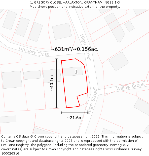 1, GREGORY CLOSE, HARLAXTON, GRANTHAM, NG32 1JG: Plot and title map
