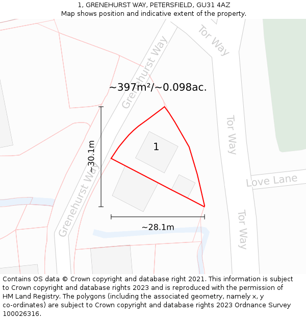 1, GRENEHURST WAY, PETERSFIELD, GU31 4AZ: Plot and title map