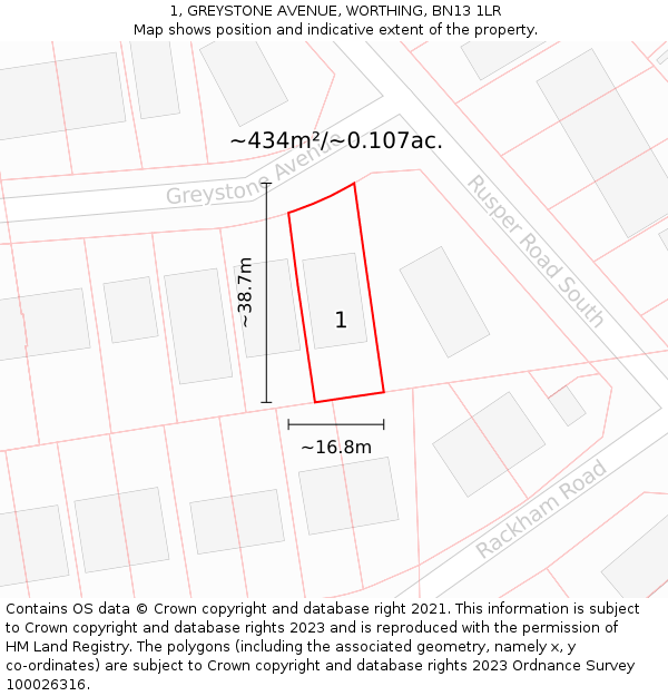 1, GREYSTONE AVENUE, WORTHING, BN13 1LR: Plot and title map