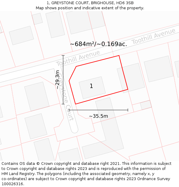 1, GREYSTONE COURT, BRIGHOUSE, HD6 3SB: Plot and title map