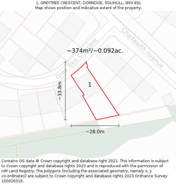 1, GREYTREE CRESCENT, DORRIDGE, SOLIHULL, B93 8SL: Plot and title map