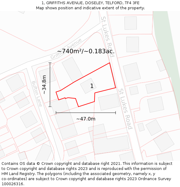 1, GRIFFITHS AVENUE, DOSELEY, TELFORD, TF4 3FE: Plot and title map