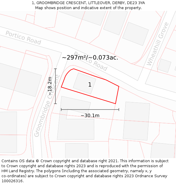 1, GROOMBRIDGE CRESCENT, LITTLEOVER, DERBY, DE23 3YA: Plot and title map