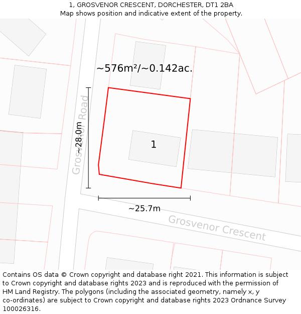 1, GROSVENOR CRESCENT, DORCHESTER, DT1 2BA: Plot and title map
