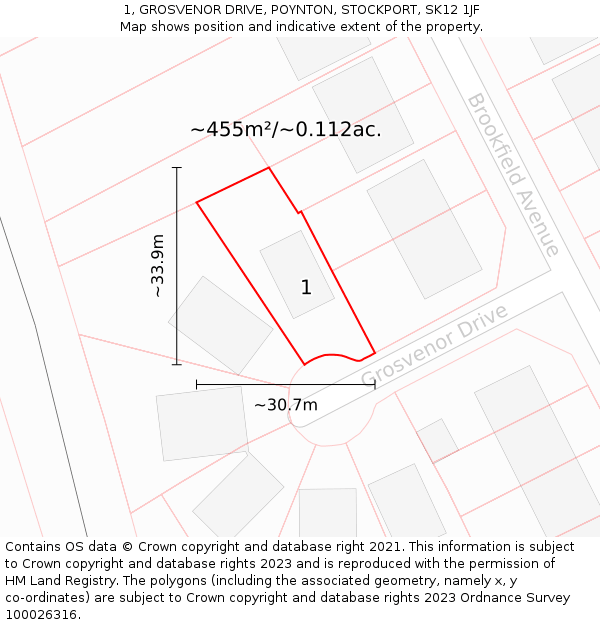 1, GROSVENOR DRIVE, POYNTON, STOCKPORT, SK12 1JF: Plot and title map