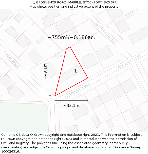 1, GROSVENOR ROAD, MARPLE, STOCKPORT, SK6 6PR: Plot and title map