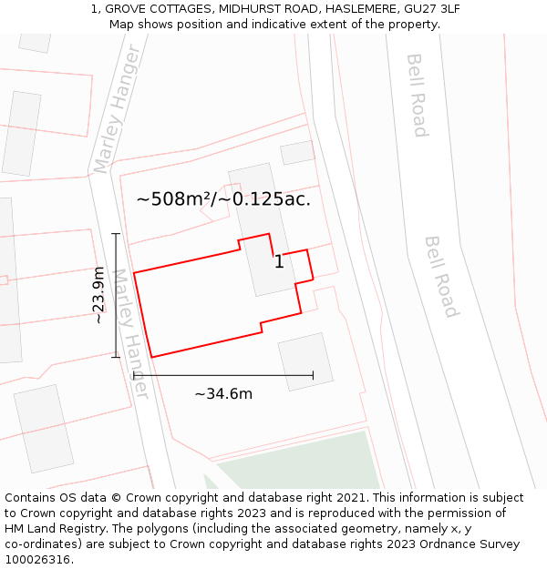 1, GROVE COTTAGES, MIDHURST ROAD, HASLEMERE, GU27 3LF: Plot and title map