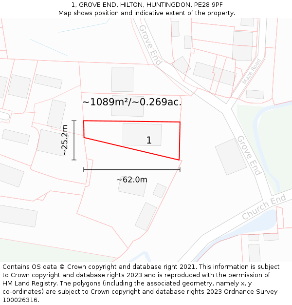 1, GROVE END, HILTON, HUNTINGDON, PE28 9PF: Plot and title map