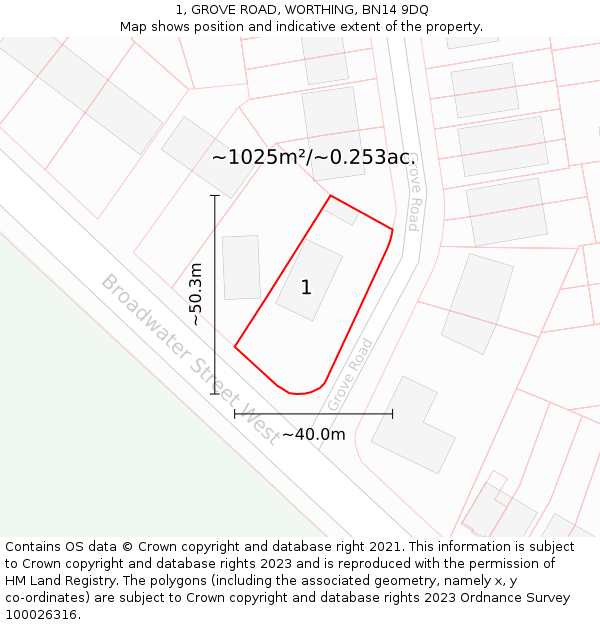 1, GROVE ROAD, WORTHING, BN14 9DQ: Plot and title map