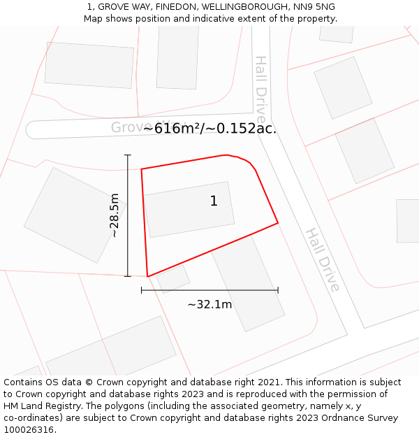 1, GROVE WAY, FINEDON, WELLINGBOROUGH, NN9 5NG: Plot and title map