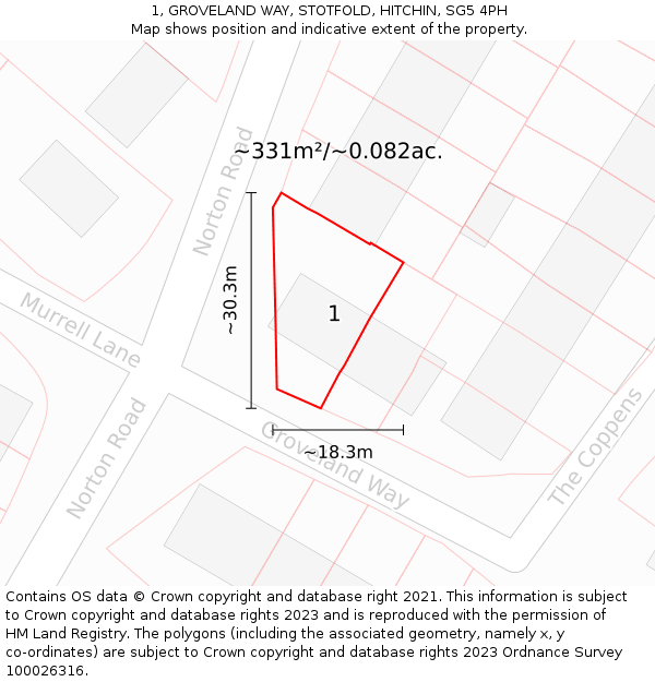 1, GROVELAND WAY, STOTFOLD, HITCHIN, SG5 4PH: Plot and title map