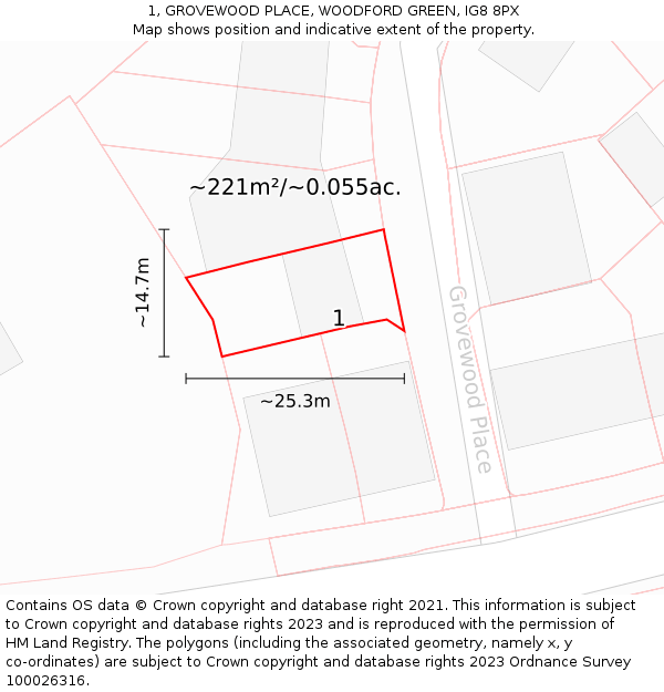 1, GROVEWOOD PLACE, WOODFORD GREEN, IG8 8PX: Plot and title map