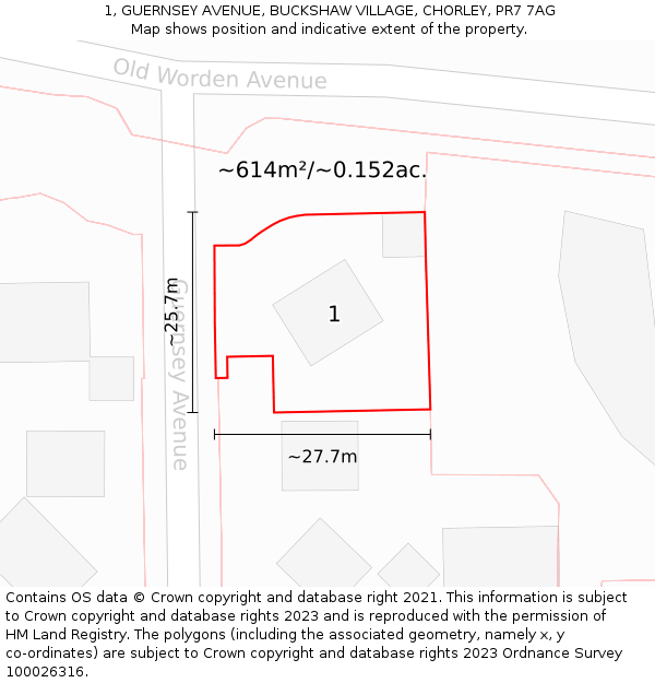 1, GUERNSEY AVENUE, BUCKSHAW VILLAGE, CHORLEY, PR7 7AG: Plot and title map