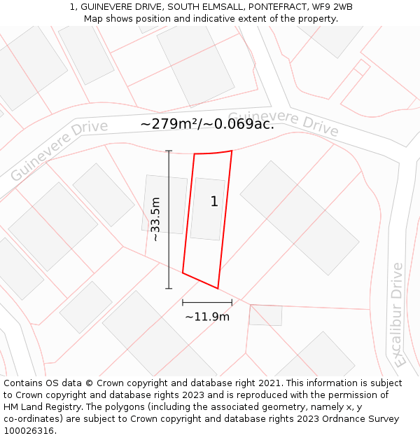1, GUINEVERE DRIVE, SOUTH ELMSALL, PONTEFRACT, WF9 2WB: Plot and title map