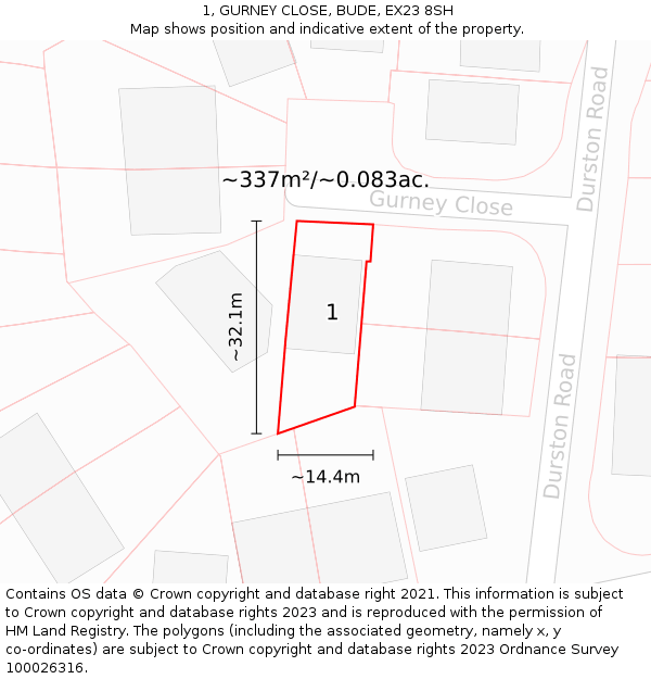 1, GURNEY CLOSE, BUDE, EX23 8SH: Plot and title map