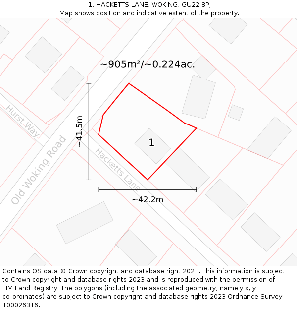 1, HACKETTS LANE, WOKING, GU22 8PJ: Plot and title map