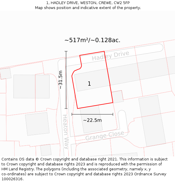 1, HADLEY DRIVE, WESTON, CREWE, CW2 5FP: Plot and title map