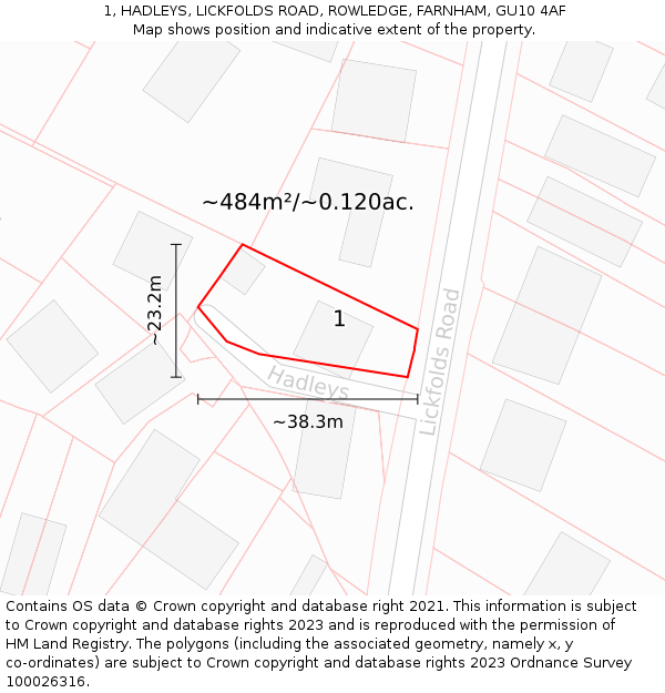 1, HADLEYS, LICKFOLDS ROAD, ROWLEDGE, FARNHAM, GU10 4AF: Plot and title map