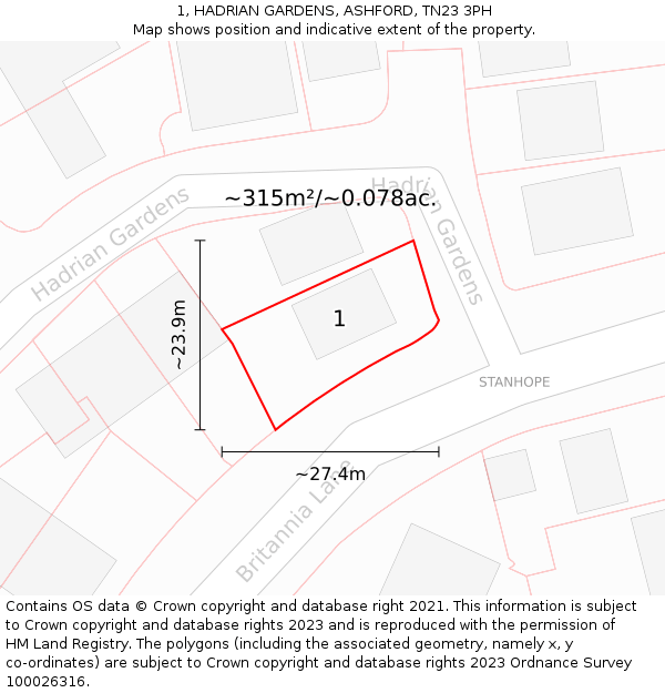 1, HADRIAN GARDENS, ASHFORD, TN23 3PH: Plot and title map