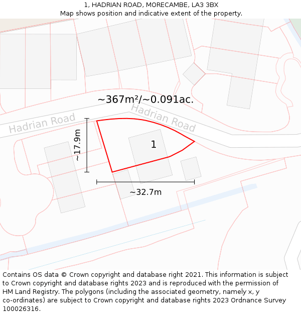1, HADRIAN ROAD, MORECAMBE, LA3 3BX: Plot and title map