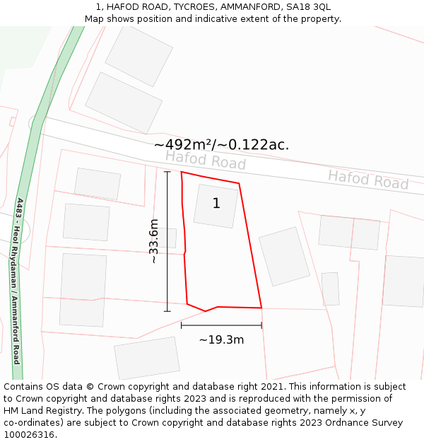 1, HAFOD ROAD, TYCROES, AMMANFORD, SA18 3QL: Plot and title map