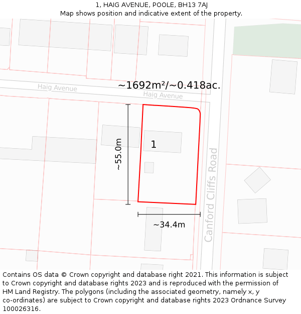 1, HAIG AVENUE, POOLE, BH13 7AJ: Plot and title map