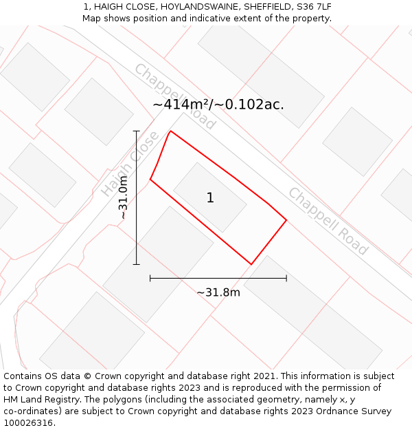1, HAIGH CLOSE, HOYLANDSWAINE, SHEFFIELD, S36 7LF: Plot and title map
