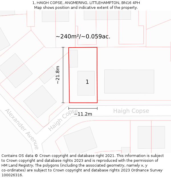 1, HAIGH COPSE, ANGMERING, LITTLEHAMPTON, BN16 4PH: Plot and title map