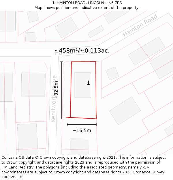 1, HAINTON ROAD, LINCOLN, LN6 7PS: Plot and title map