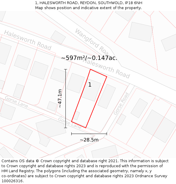 1, HALESWORTH ROAD, REYDON, SOUTHWOLD, IP18 6NH: Plot and title map
