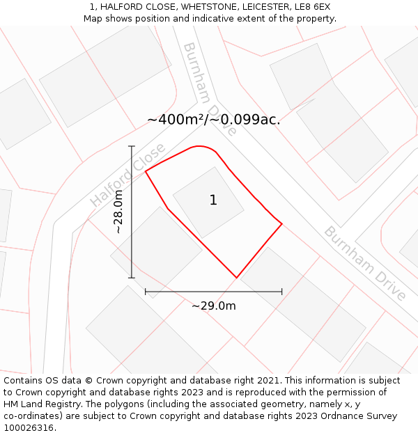 1, HALFORD CLOSE, WHETSTONE, LEICESTER, LE8 6EX: Plot and title map