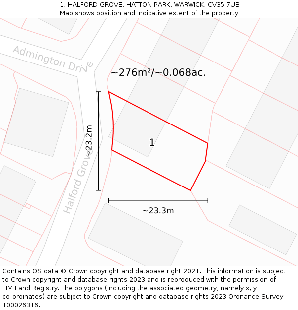 1, HALFORD GROVE, HATTON PARK, WARWICK, CV35 7UB: Plot and title map