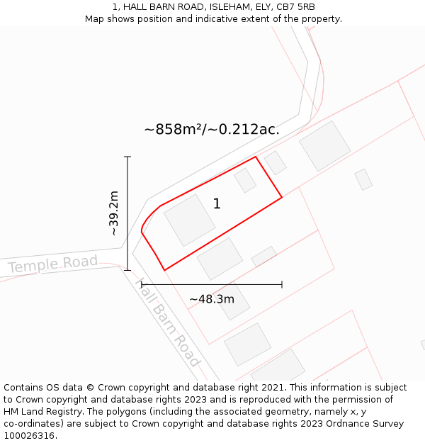 1, HALL BARN ROAD, ISLEHAM, ELY, CB7 5RB: Plot and title map