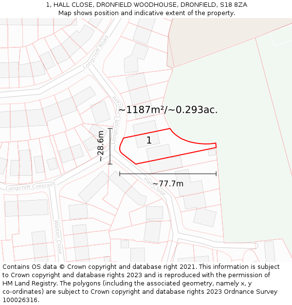 1, HALL CLOSE, DRONFIELD WOODHOUSE, DRONFIELD, S18 8ZA: Plot and title map