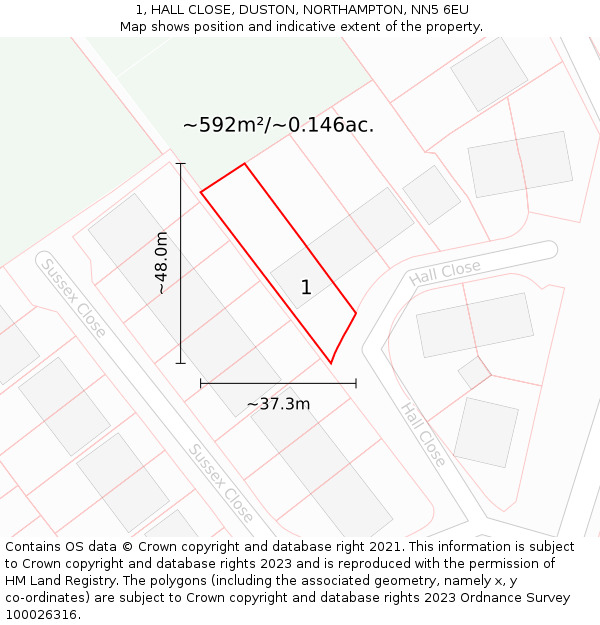 1, HALL CLOSE, DUSTON, NORTHAMPTON, NN5 6EU: Plot and title map