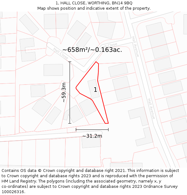1, HALL CLOSE, WORTHING, BN14 9BQ: Plot and title map