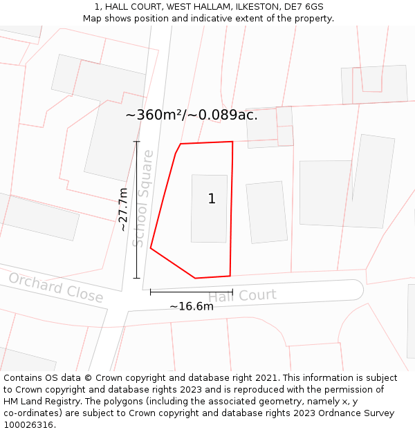 1, HALL COURT, WEST HALLAM, ILKESTON, DE7 6GS: Plot and title map